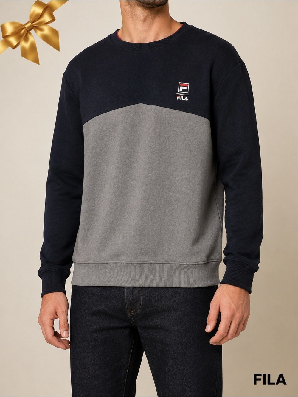 Fila Colorblock Fleece Sweatshirt Navy Grey Cotton Size Medium